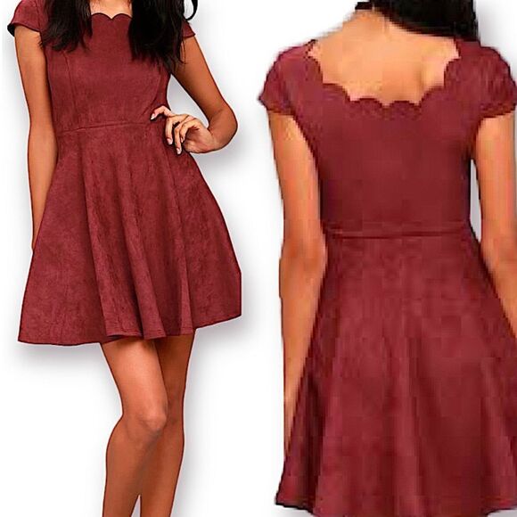 Lulus Dearest Dream burgundy Red Suede scallop short Skater holiday Dress S - Picture 1 of 13